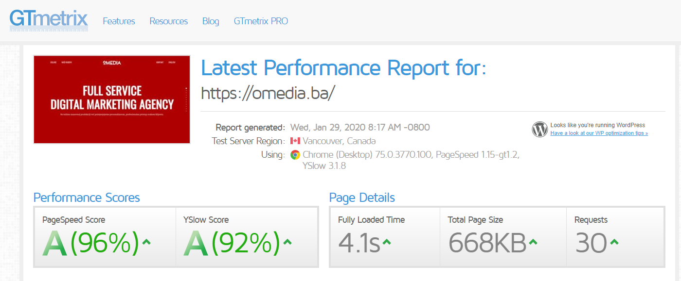 GTmetrix performance report omedia.ba